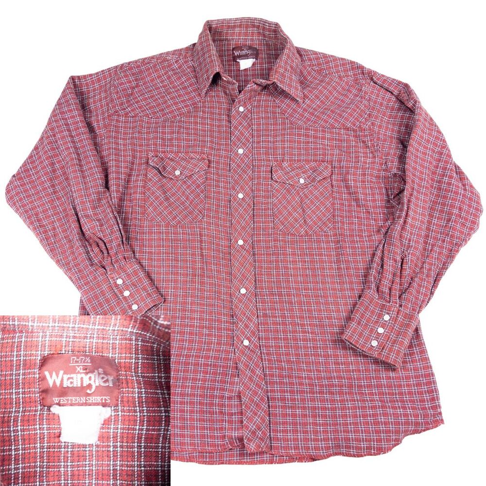Vintage Wrangler Red Plaid Pearl Snap Flannel Shirt XL Western Cowboy Christmas‎